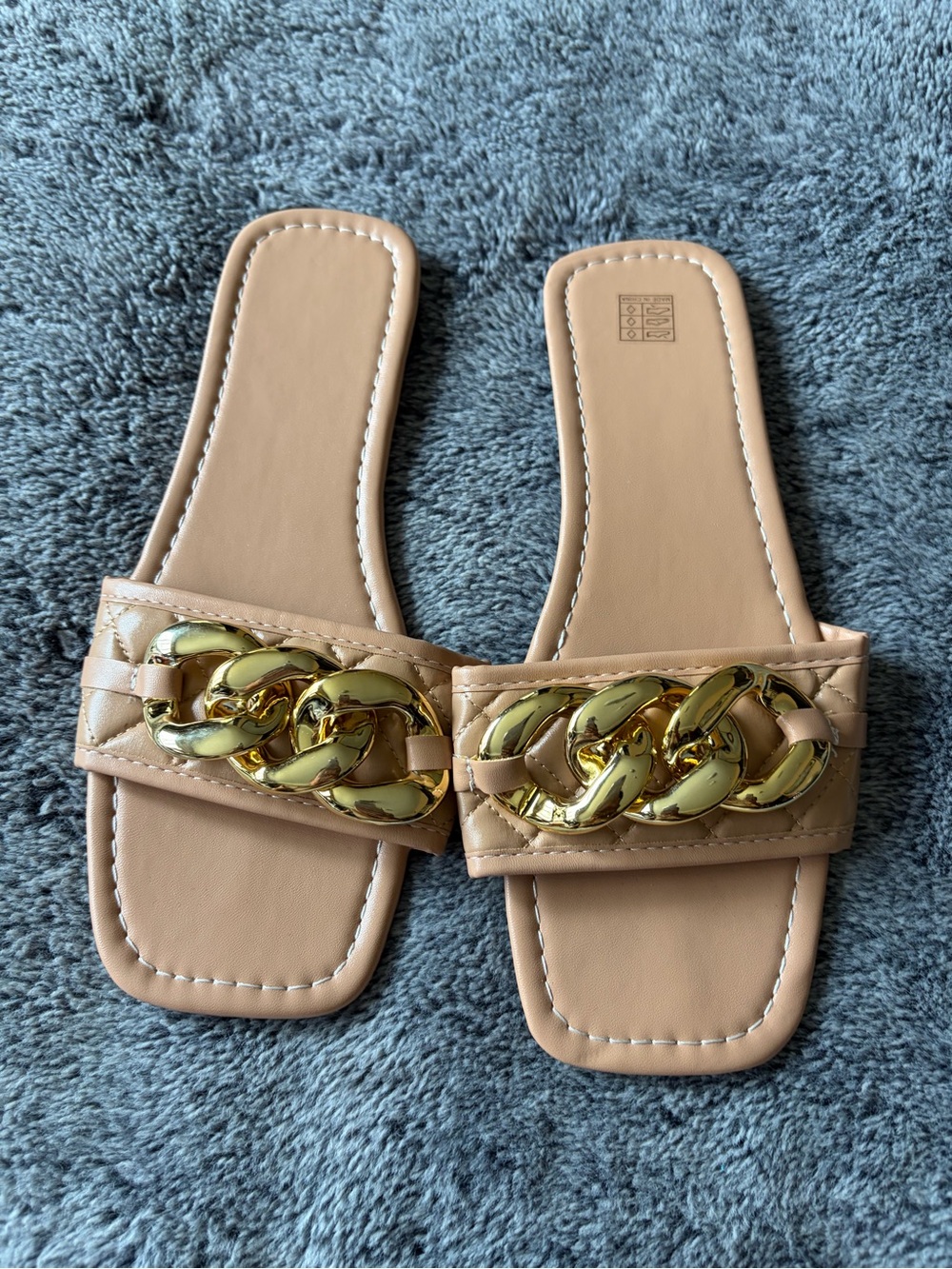 SHEIN Tan Slide Mules with Gold Chain Detail